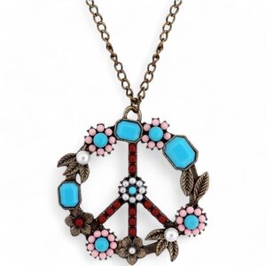 Classic 70s Peace Sign Love Symbol Flower Child Hippie Pendant Necklace